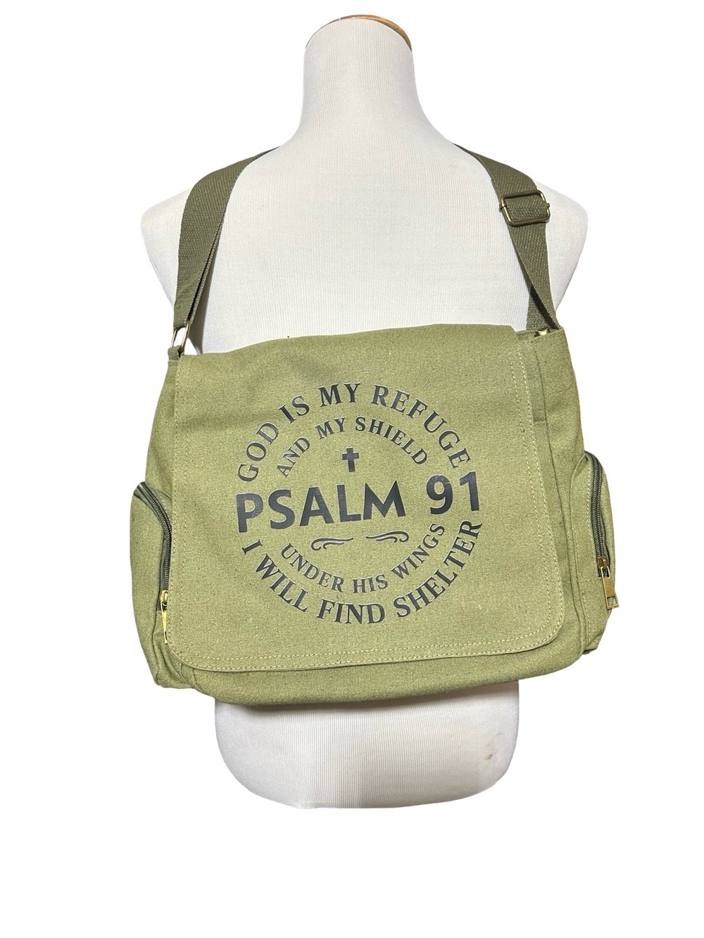 Canvas Messenger Bag with Psalm 91 Print - Olive Green